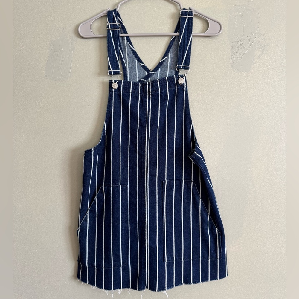 Pull & Bear Striped Dark Blue Denim Overall Dress Medium